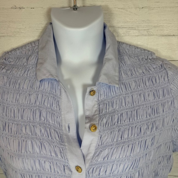 J.Crew Blue Smocked Button Top Coastal Preppy Cottage Spring medium quiet luxury - Picture 7 of 11